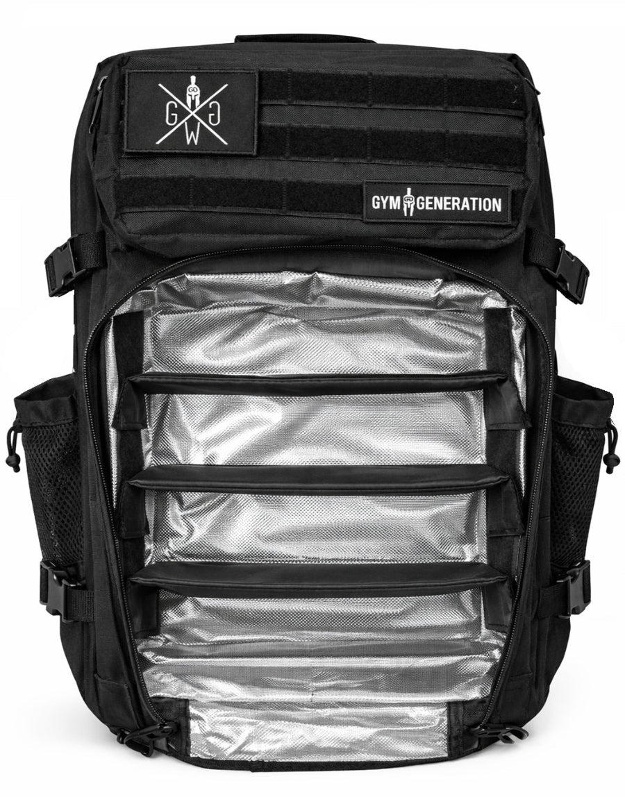 Gym Generation Schwarzer Meal-Prep Fitness Rucksack offen mit vollständig isoliertem Kühlfach und mehreren Ebenen für Essensboxen, professioneller 45L Ernährungs-Rucksack für Bodybuilding, Diät, Muskelaufbau, Gym und lange Arbeitstage