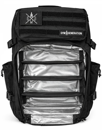 Gym Generation Schwarzer Meal-Prep Fitness Rucksack offen mit vollständig isoliertem Kühlfach und mehreren Ebenen für Essensboxen, professioneller 45L Ernährungs-Rucksack für Bodybuilding, Diät, Muskelaufbau, Gym und lange Arbeitstage