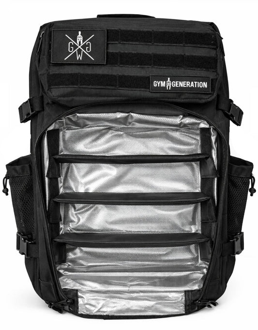 Gym Generation Schwarzer Meal-Prep Fitness Rucksack offen mit vollständig isoliertem Kühlfach und mehreren Ebenen für Essensboxen, professioneller 45L Ernährungs-Rucksack für Bodybuilding, Diät, Muskelaufbau, Gym und lange Arbeitstage