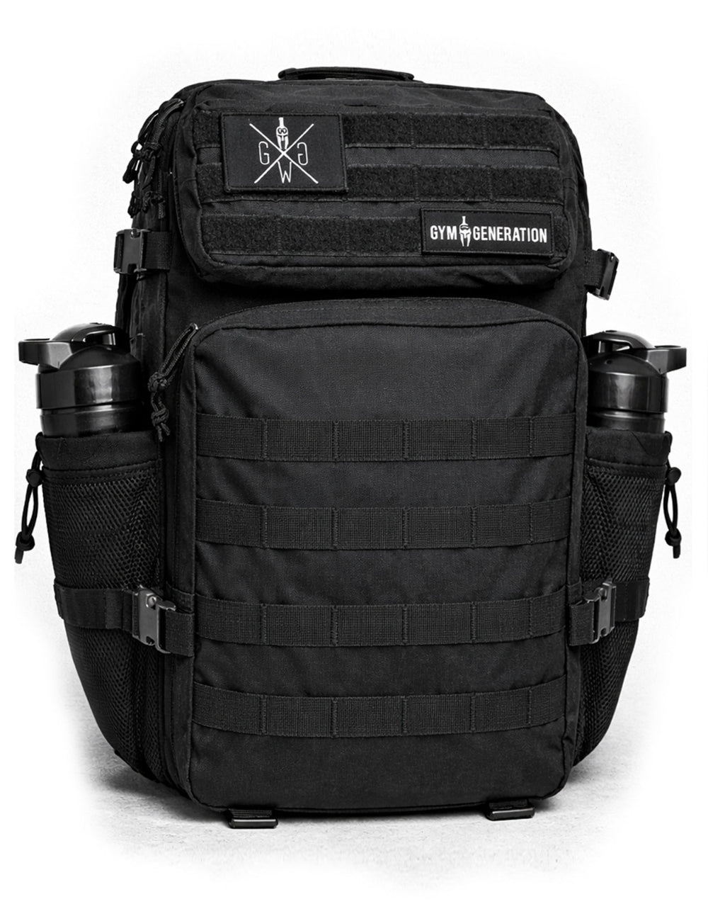 Gym Generation Schwarzer Meal-Prep Fitness Rucksack mit integriertem Kühlfach und seitlichen Shaker-Halterungen, robuster 45L Gym Rucksack mit MOLLE-System für Bodybuilding, Muskelaufbau, Wettkampf-Diät, Fitnessstudio, Arbeit und Reisen