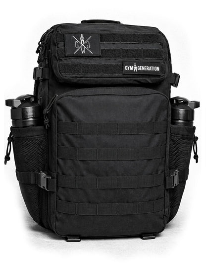 Gym Generation Schwarzer Meal-Prep Fitness Rucksack mit integriertem Kühlfach und seitlichen Shaker-Halterungen, robuster 45L Gym Rucksack mit MOLLE-System für Bodybuilding, Muskelaufbau, Wettkampf-Diät, Fitnessstudio, Arbeit und Reisen