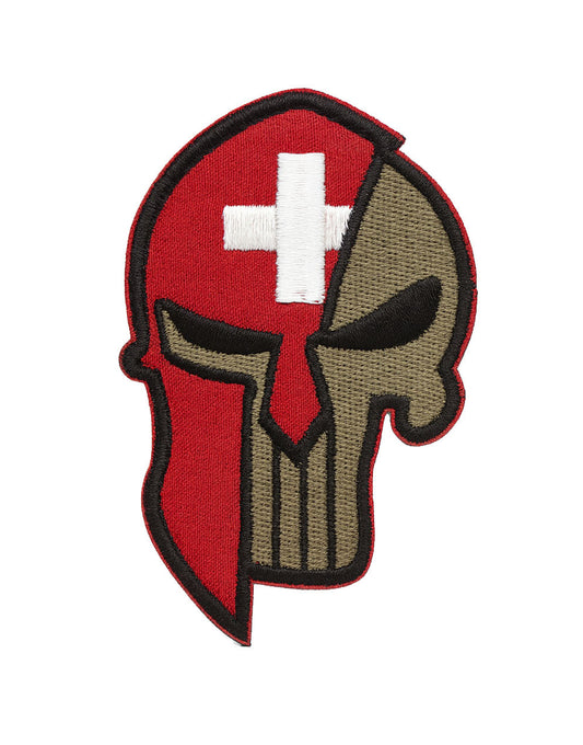 Spartan Skull Patch „Swiss Warrior“ – Schweizer Klett Aufnäher mit goldener Skull-Stickerei und rotem Spartanerhelm
