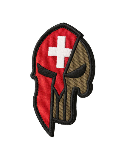 Taktischer Patch mit Schweizer Kreuz – Spartan Skull Aufnäher mit Klettverschluss für Rucksack, Jacke und Military Gear