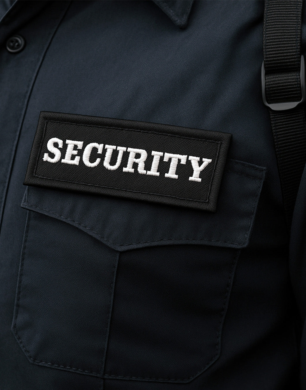 Taktischer Security Patch – hochwertig gestickt, rechteckiges Design mit weißem Schriftzug, perfekt für Uniformen und Einsatzbekleidung
