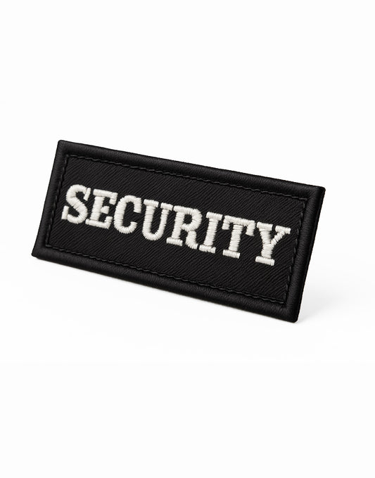 Security Aufnäher in Premium-Qualität – schwarzer Stoff, weiße Stickschrift, ideal für Security, Wachschutz, Airsoft und Outdoor-Einsätze