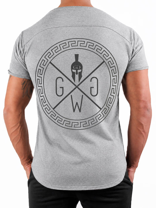 Spartan T-Shirt Grau von Gym Generation – Herren Fitness T-Shirt mit ikonischem Spartaner-Logo und griechischem Ornament-Design, ideal für Sport und Streetwear.