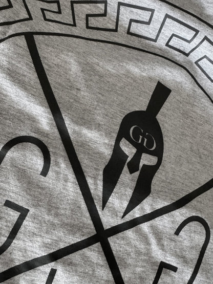 Graues Spartan Gym T-Shirt für Herren von Gym Generation mit schwarzem Rückenprint als Nahaufnahme auf Baumwollstoff