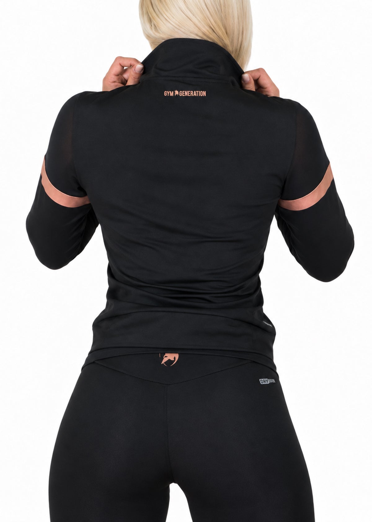 Rückansicht der schwarzen Trainingsjacke Damen mit Mesh-Schultern, Streifen in Rosé-Gold und Gym Generation Schriftzug im Nacken