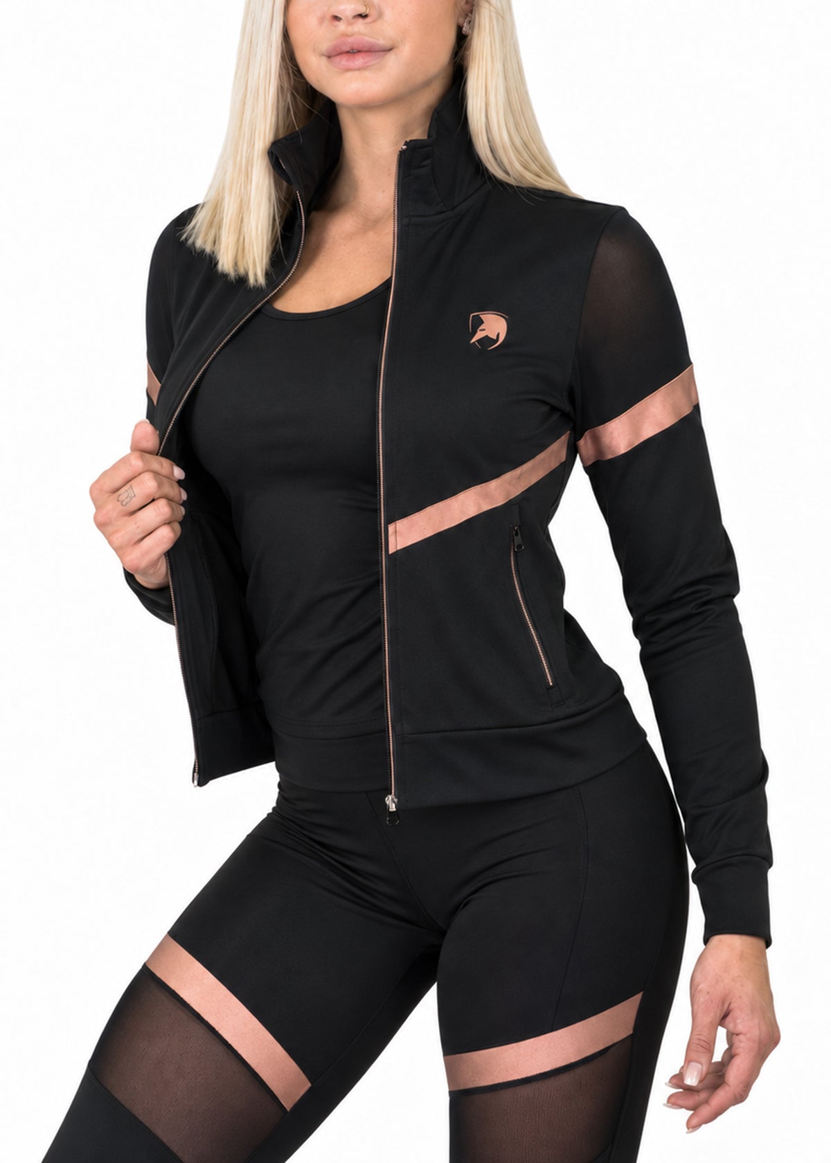 Offene Fitness Jacke Damen Schwarz über schwarzem Dry-Run® Top, mit Logo und Streifen in Rosé-Gold
