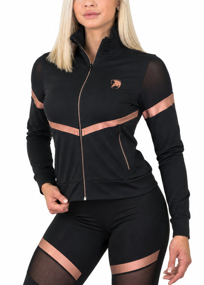 Trainerjacke Damen Schwarz Dry-Run® mit Stehkragen, durchgehendem Reissverschluss und Streifen in Rosé-Gold, Frontansicht