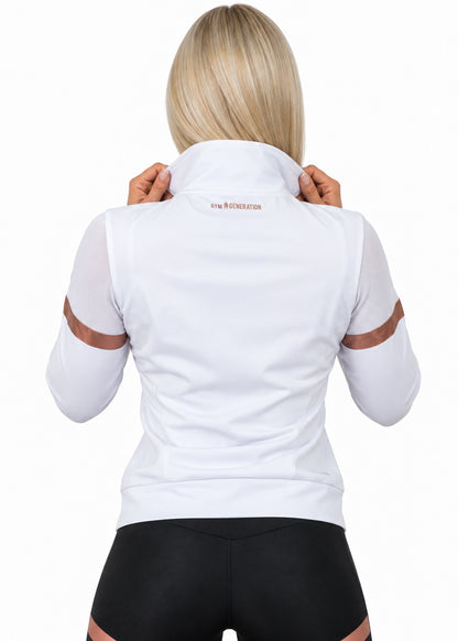 Rückansicht der weissen Trainingsjacke Damen mit Mesh-Schultern, Streifen in Rosé-Gold und Gym Generation Schriftzug im Nacken