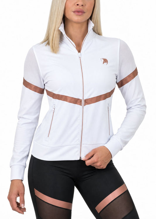 Trainingsjacke Damen Weiss Dry-Run® mit Stehkragen, durchgehendem Reissverschluss und Streifen in Rosé-Gold, Frontansicht