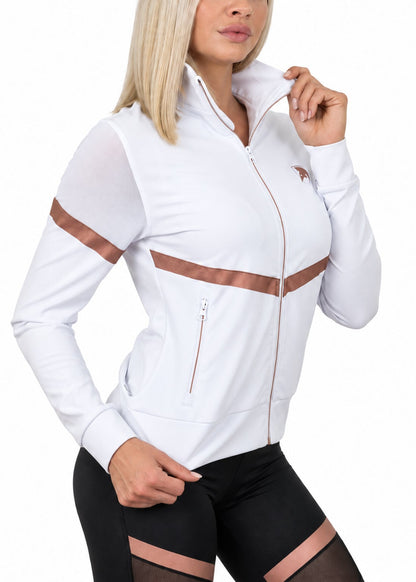 Trainerjacke Damen Weiss in Schrägansicht mit Mesh an der Schulter und Gym Generation Logo in Rosé-Gold auf der Brust