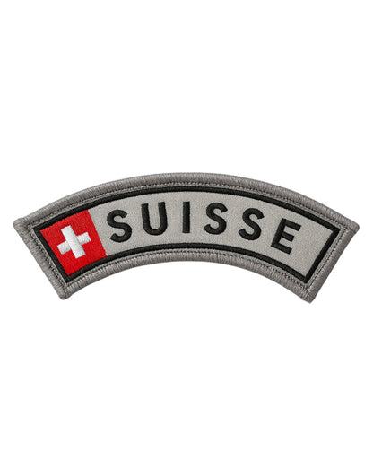 Bestickter Suisse Patch mit Schweizer Kreuz – gebogenes Aufnäher-Design in Grau, Rot und Schwarz für Rucksack, Kleidung oder Gym Gear