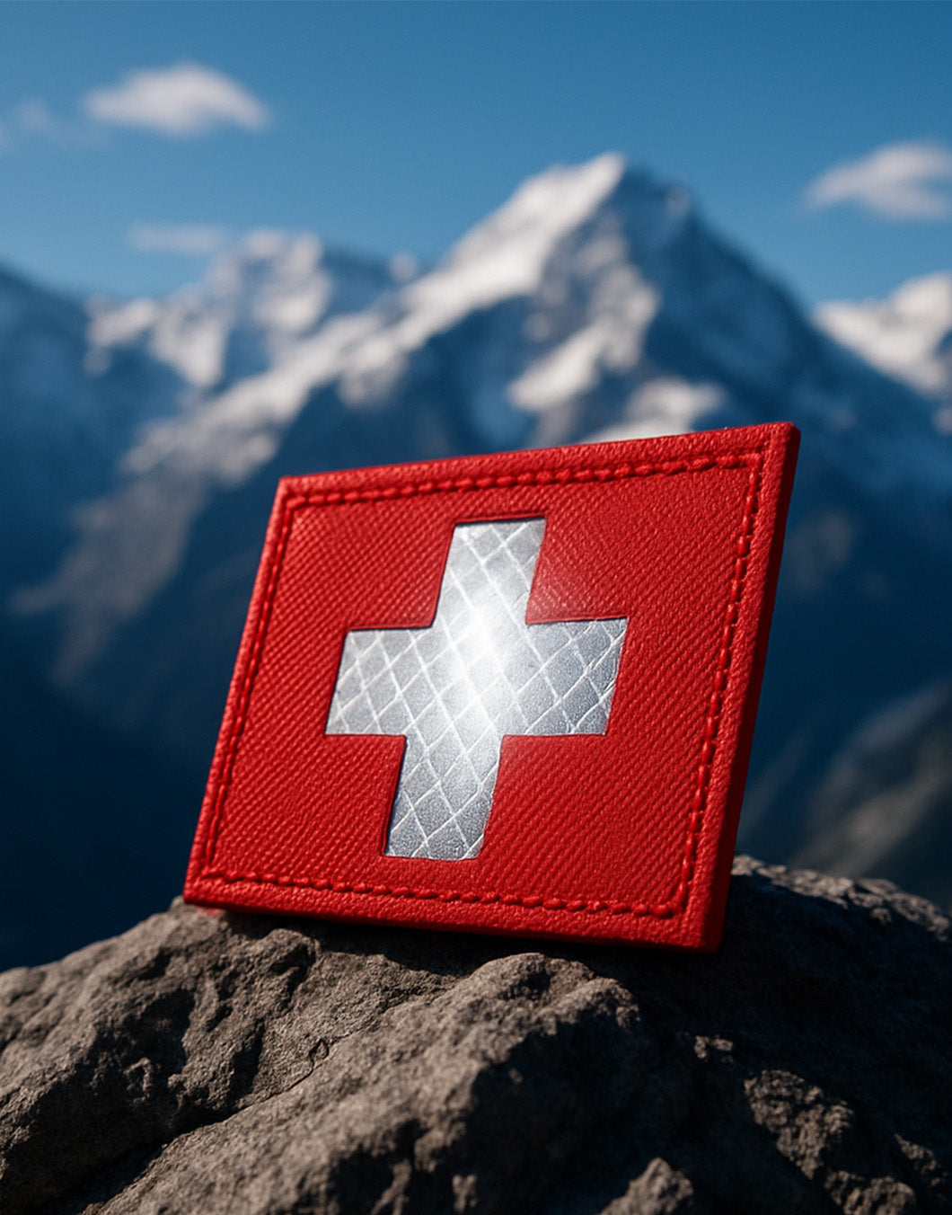 Schweizer Flagge Patch reflektierend mit Klettverschluss – Aufnäher vor Alpenpanorama, Symbol für Swiss Spirit, Outdoor-Abenteuer und Sicherheit bei Nacht