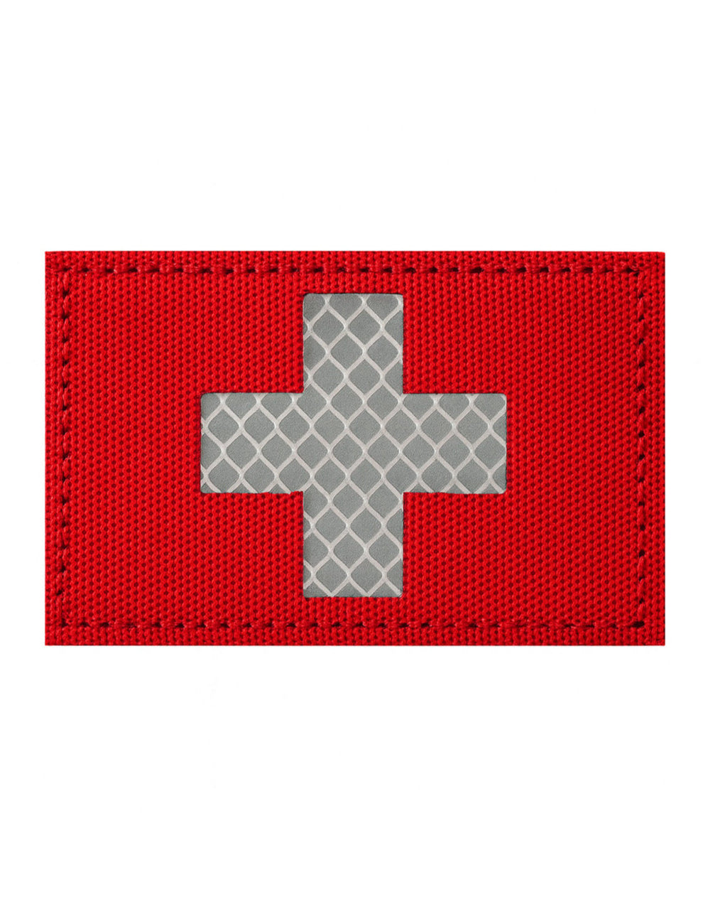 Detailansicht Schweizer Wappen Patch – reflektierendes Kreuz mit Gitterstruktur auf rotem Stoff, langlebiges Material, 80 % Polyester 20 % Nylon