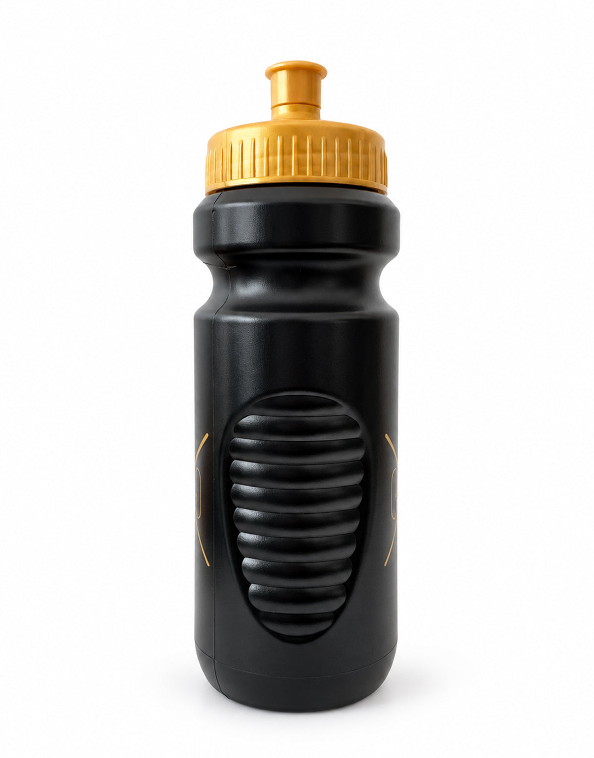 Trinkflasche 600 ml Schwarz Gold in Seitenansicht mit gerillter Griffzone und goldenem Schraubdeckel mit Push-Pull-Verschluss, Gym Generation