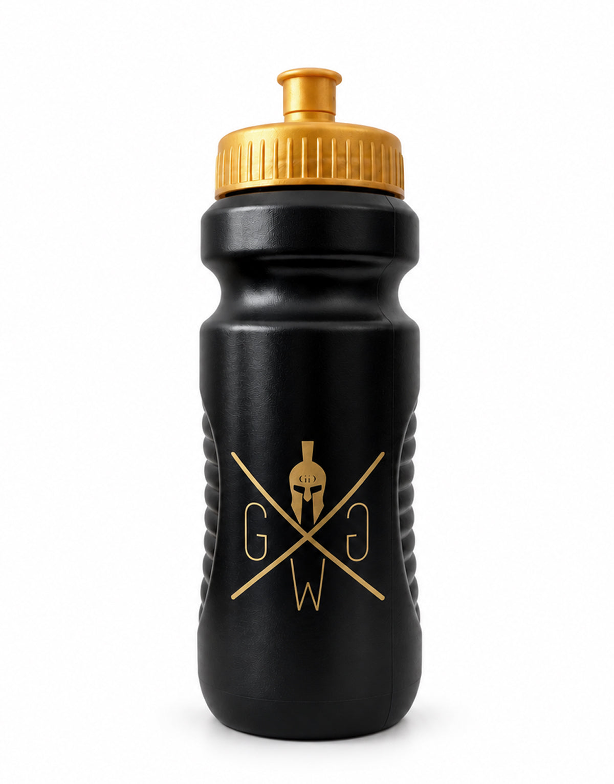 Sportflasche 600 ml Schwarz Gold mit Gym Warriors Logo in Gold, Spartanerhelm und goldenem Push-Pull-Verschluss, Gym Generation