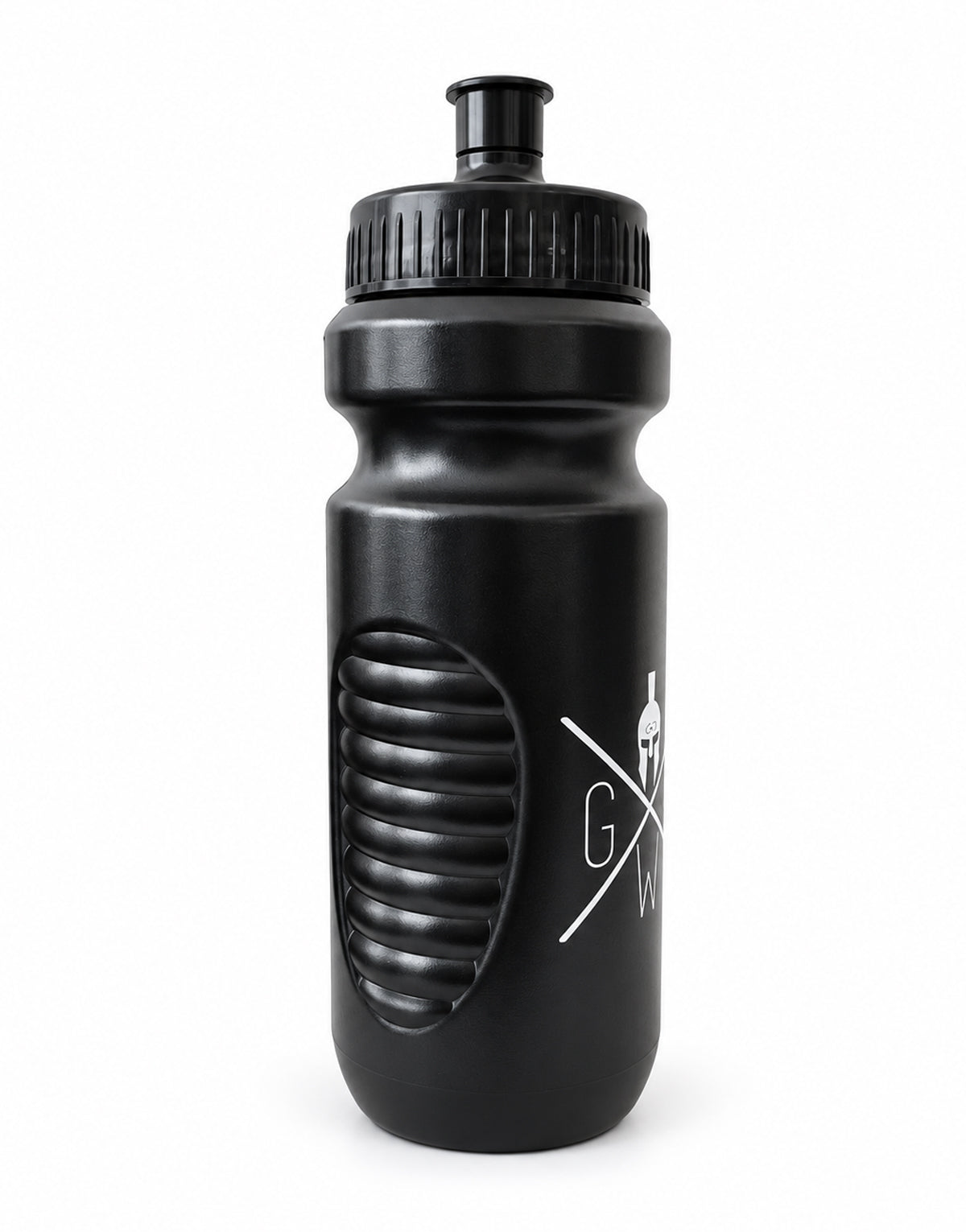 Borraccia 600 ml nera vista di lato con incavo di presa zigrinato, logo bianco e tappo a vite nero con beccuccio push-pull, Gym Generation