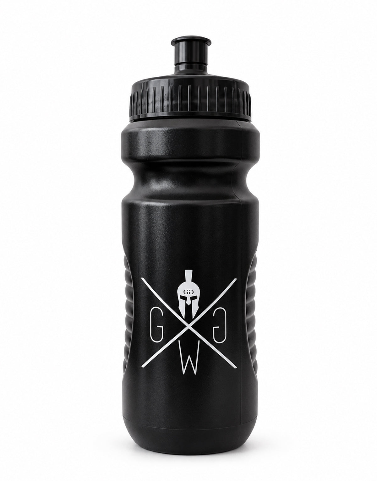 Borraccia sportiva nera 600 ml con logo Gym Warriors bianco, elmo spartano e tappo push-pull nero, Gym Generation