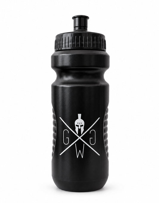 Black 600 ml sports bottle with white Gym Warriors logo, Spartan helmet and black push-pull cap, Gym Generation