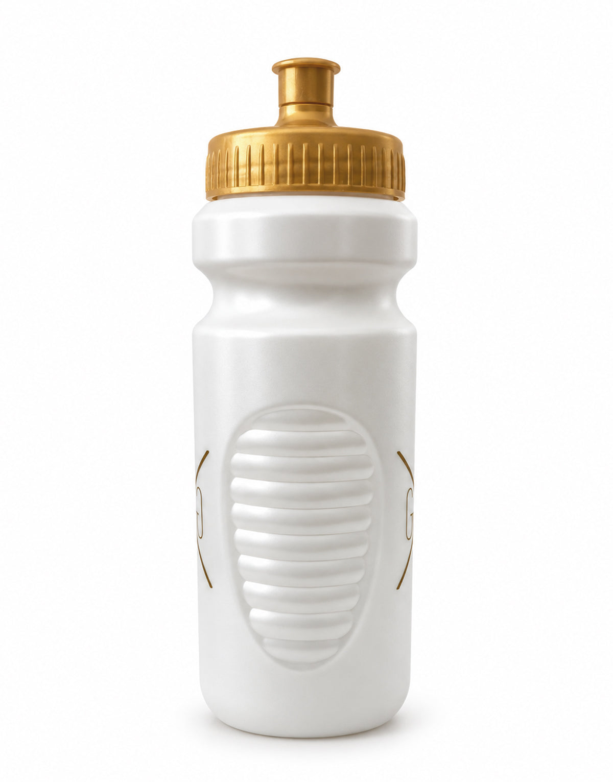Borraccia 600 ml bianca e oro vista di lato con incavo di presa zigrinato nel corpo bianco perla e tappo a vite dorato, Gym Generation