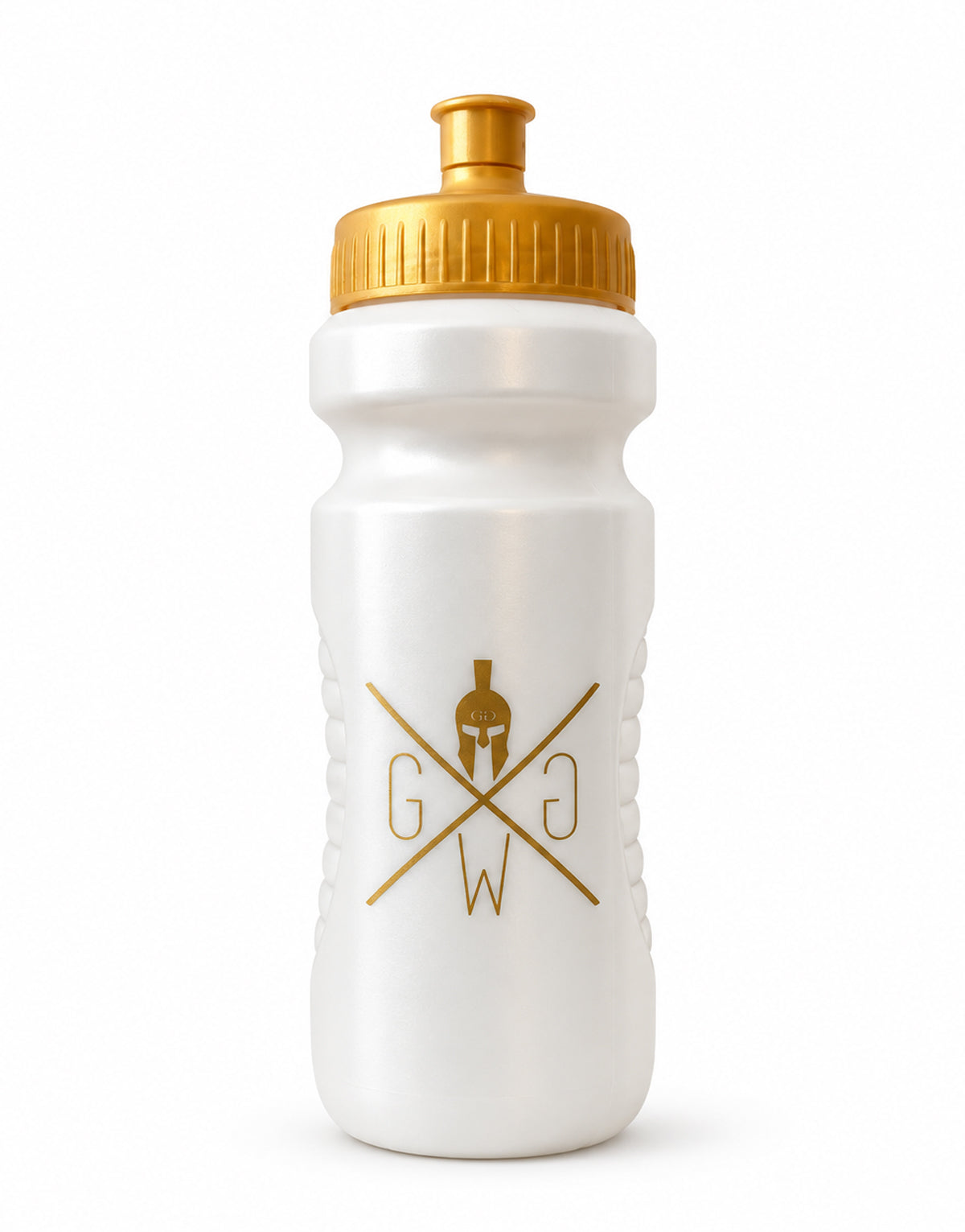 Borraccia sportiva bianca 600 ml con logo Gym Warriors dorato, elmo spartano e tappo push-pull dorato, Gym Generation