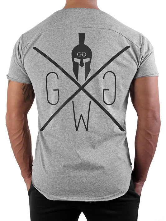 Herren T-Shirt in Grau von Gym Generation mit auffälligem Spartaner-Logo in Dunkelgrau.