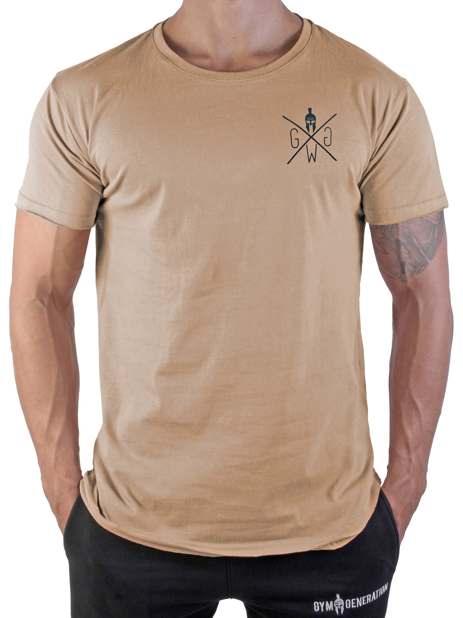 Herren Gym T-Shirt in Off White von Gym Generation mit markantem Spartaner-Logo, ideal für stilvolle Workouts.
