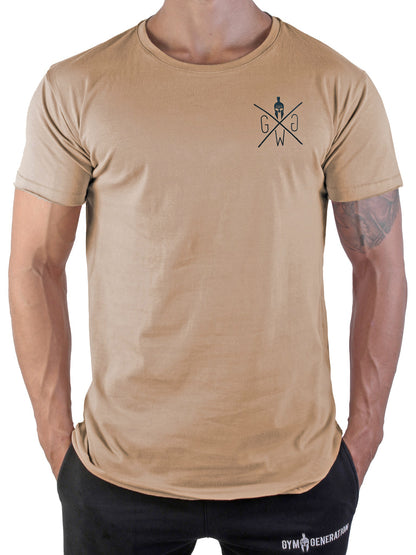 Herren Gym T-Shirt in Off White von Gym Generation mit markantem Spartaner-Logo, ideal für stilvolle Workouts.