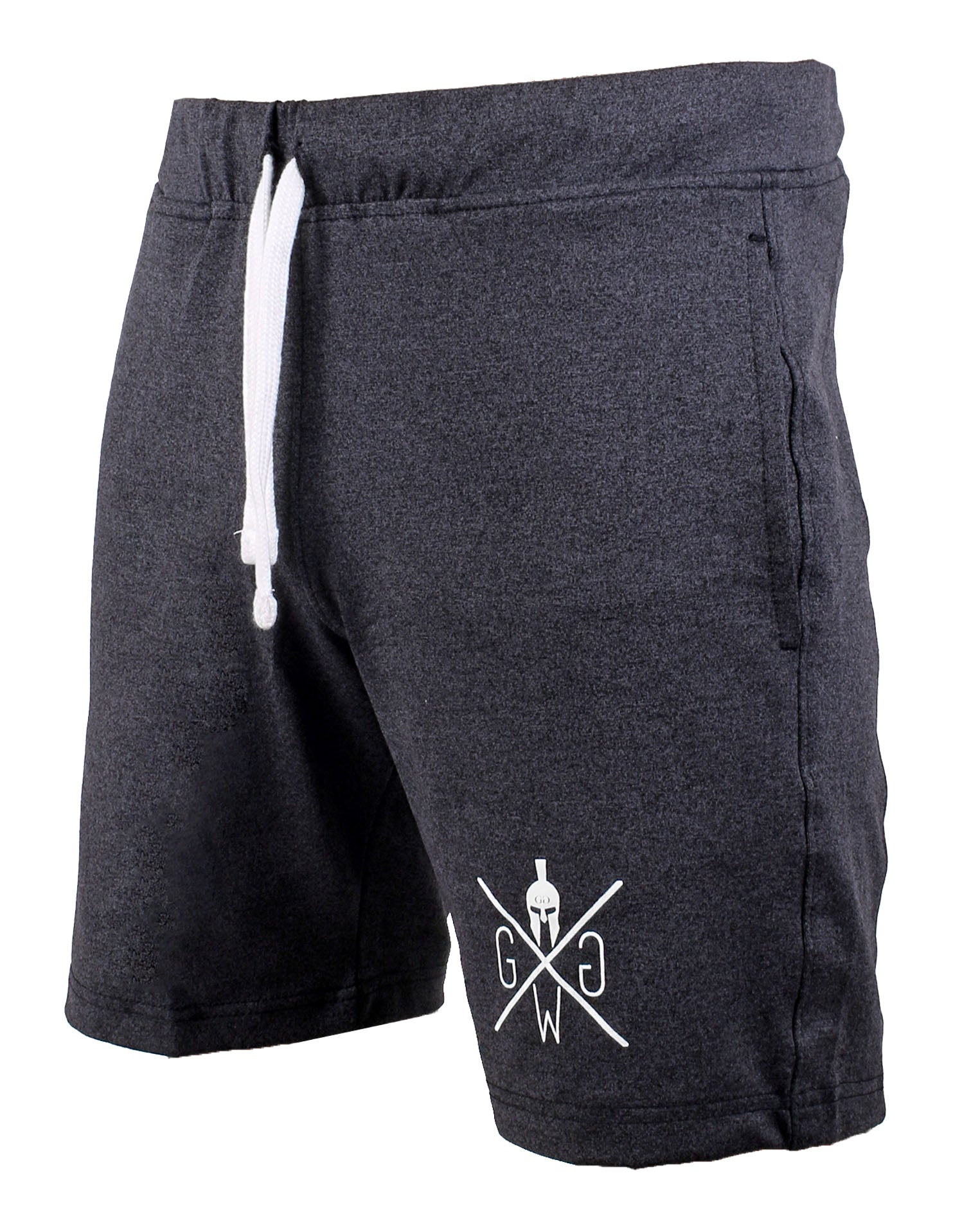 Gym Generation Sport Shorts in Dunkelgrau, mit praktischen Seitentaschen und gedrucktem Spartaner Logo für einen sportlichen Look.