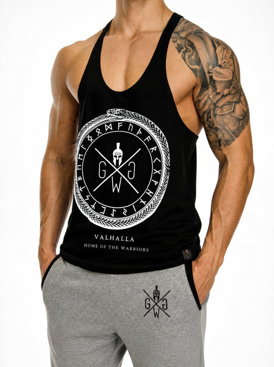 Gym Generation Stringer Valhalla in Schwarz mit weissem Print – Spartaner-Helm-Logo in Ouroboros-Schlange und Runenring mit Valhalla-Schriftzug, ärmelloses Muskelshirt für Herren im Racerback-Schnitt
