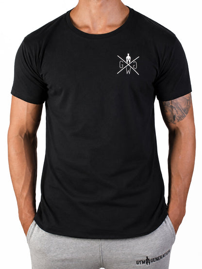 Schwarzes Valhalla Gym T-Shirt für Herren von Gym Generation mit weissem Warrior Brustlogo und Athletic Fit