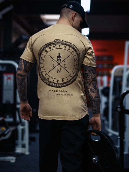 Hochwertiges Valhalla T-Shirt in Beige, aus 100% Baumwolle, ideal für Komfort und Atmungsaktivität.