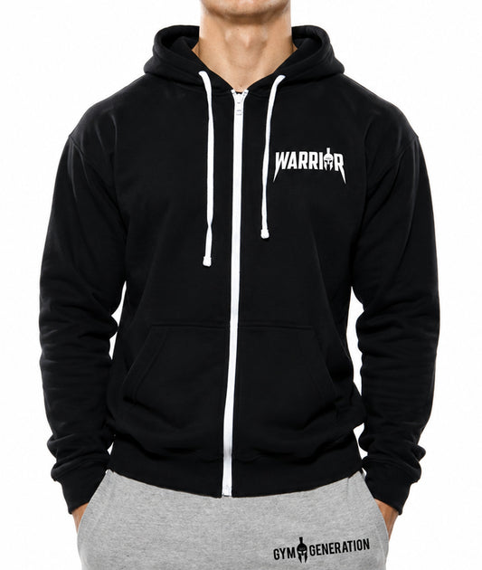 Warrior 89 Zip Hoodie Herren Schwarz mit weissem Reissverschluss und Warrior-Schriftzug auf der Brust