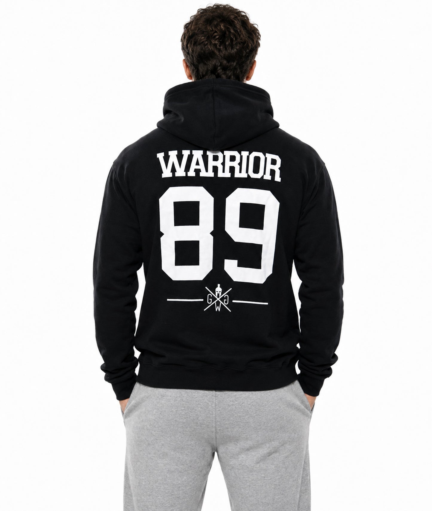 Warrior 89 Zip Hoodie Herren Schwarz von hinten in ganzer Länge mit College-Print und Kapuze