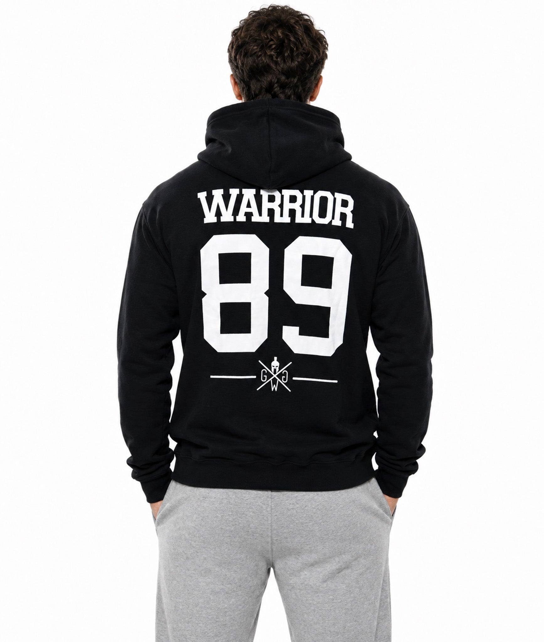 Warrior 89 Zip Hoodie Herren Schwarz von hinten in ganzer Länge mit College-Print und Kapuze