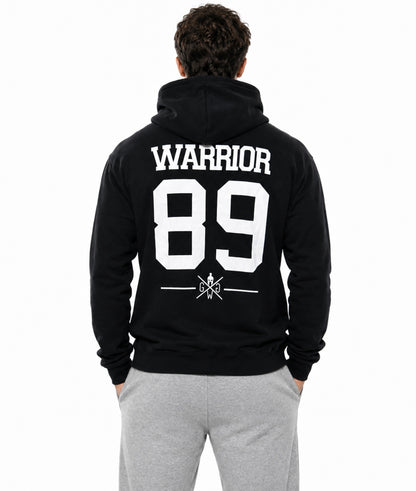 Warrior 89 Zip Hoodie Herren Schwarz von hinten in ganzer Länge mit College-Print und Kapuze