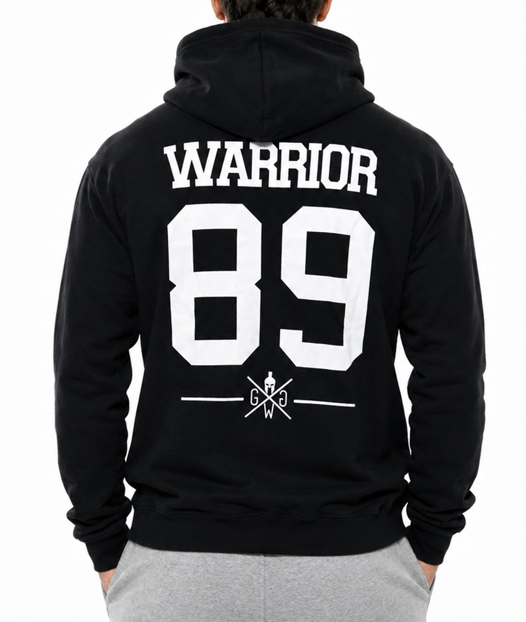 Warrior 89 Hoodie Herren Schwarz von hinten mit grosser weisser 89 und Schriftzug im College-Stil