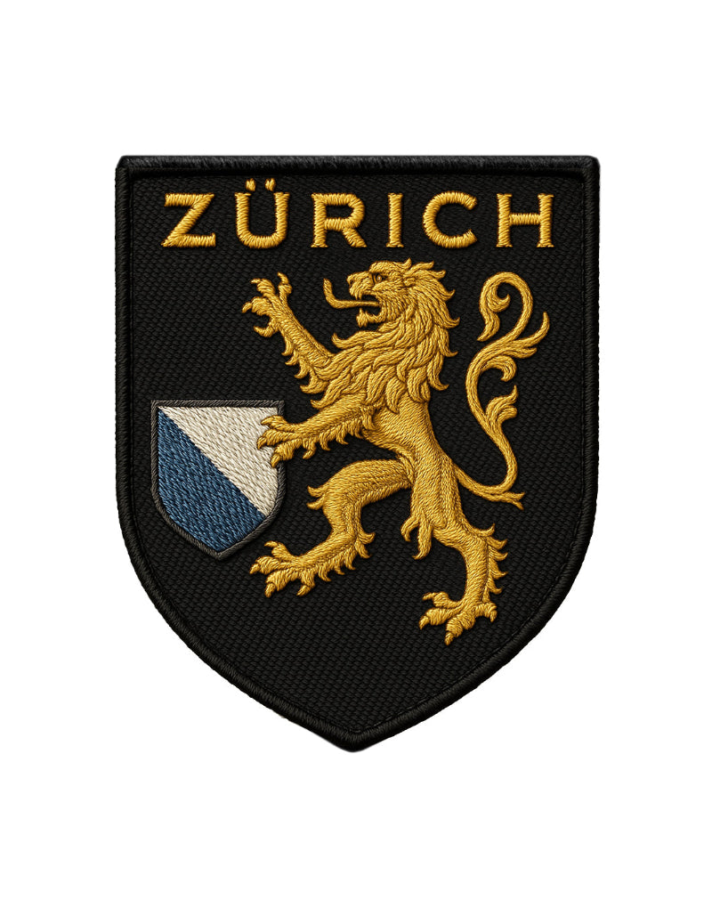 Gestickter Zürich Löwen Patch – schwarzer Aufnäher mit goldener Stickerei und Stadtwappen, hochwertiger Klett-Patch für Kleidung, Tactical Gear und Outdoor.