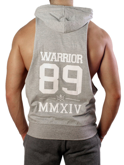 Rückansicht des grauen Gym Generation Kapuzen Tank Tops 'Warrior 89' mit auffälligem Logo-Design