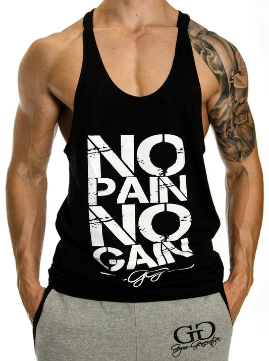 Gym Generation Herren Stringer Tank Top in Schwarz mit 'No Pain No Gain' Spruch – Vorderansicht