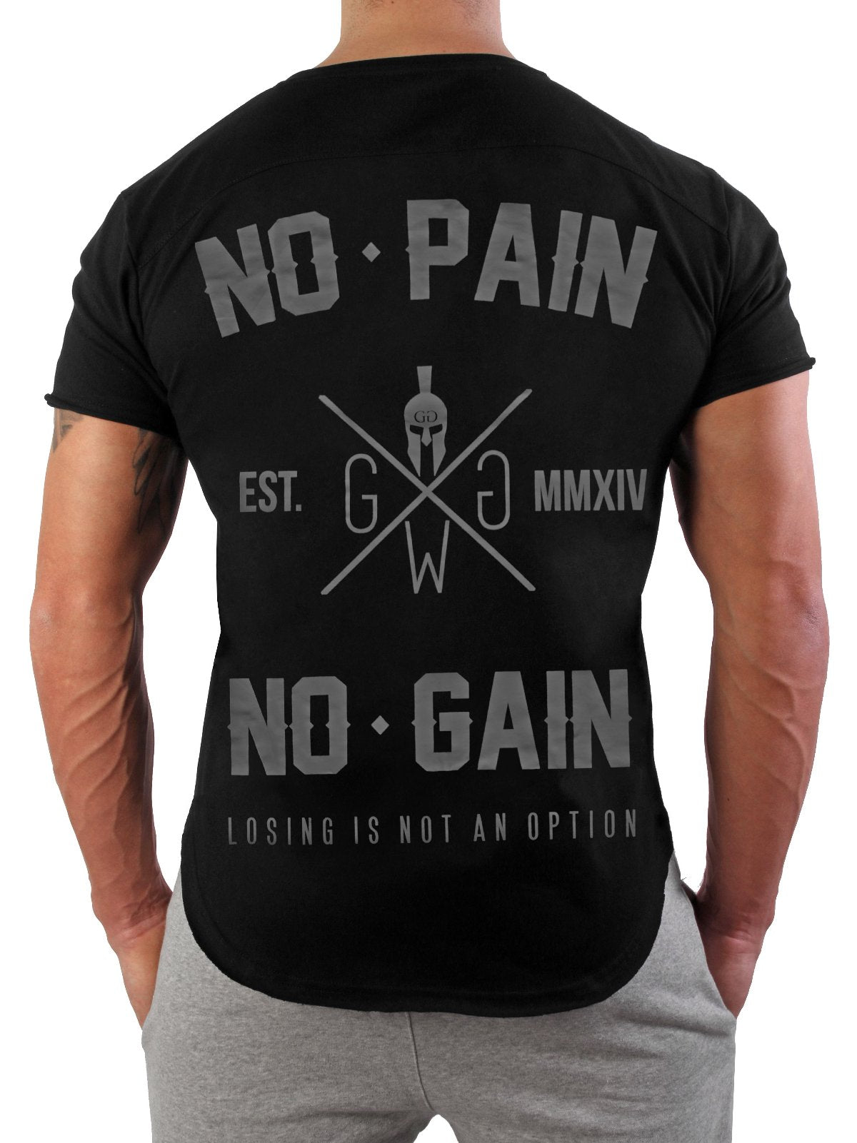 Rückenansicht des Gym T-Shirts 'No Pain No Gain' in Schwarz von Gym Generation, zeigt den markanten Druck mit dem Slogan 'No Pain No Gain' und 'Losing is Not an Option'.