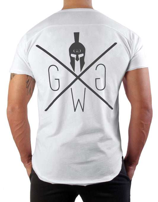 Weißes Herren Gym T-Shirt von Gym Generation mit auffälligem Spartaner Logo Aufdruck.