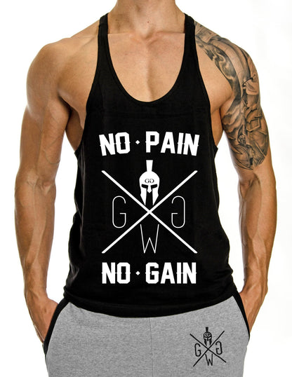 Schwarzes 'No Pain No Gain' Stringer Tanktop für Herren – Vorderansicht mit motivierendem Aufdruck