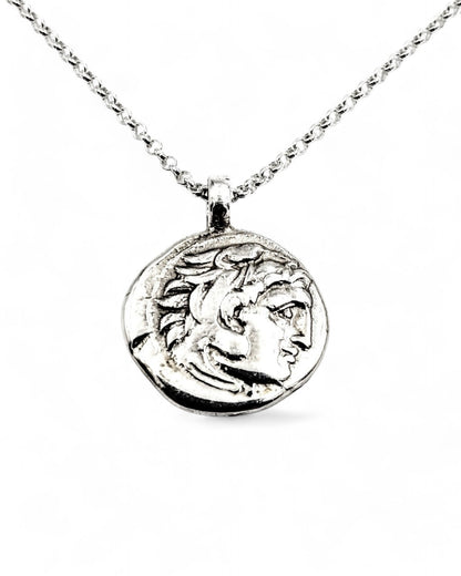 Silberkette mit Alexander der Grosse Münz-Anhänger – handgefertigt aus 925er Sterling Silber, inspiriert von antiken Münzen, mit Herakles und Zeus-Motiven.