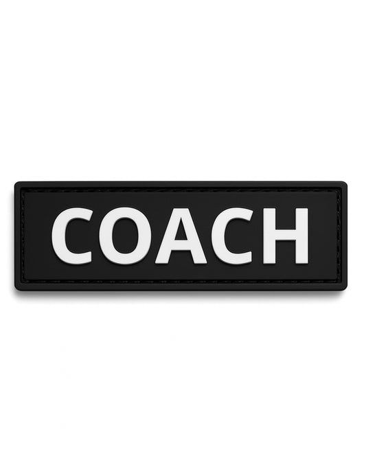 Schwarzer COACH Patch mit weißem 3D Schriftzug – hochwertiger Aufnäher für Trainer, Fitness, CrossFit, Gym Kleidung und Sporttaschen