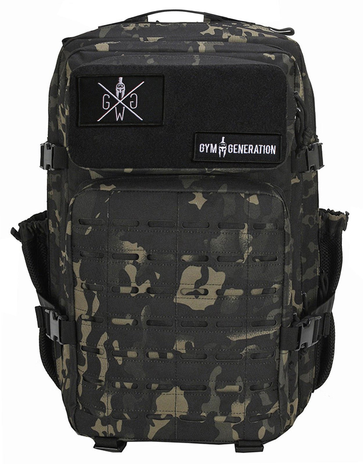 Gym Rucksack Camo von Gym Generation – 45 Liter Fitness Rucksack mit spritzwassergeschütztem Polyester, ideal für Training, Reisen und Outdoor-Aktivitäten.