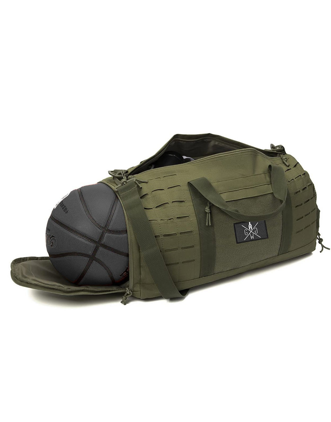 Fitness Tasche mit Schuhfach Olive – Gym Generation Sporttasche, robust und stilvoll, für Training, Reisen und persönliche Gestaltung mit Patches.