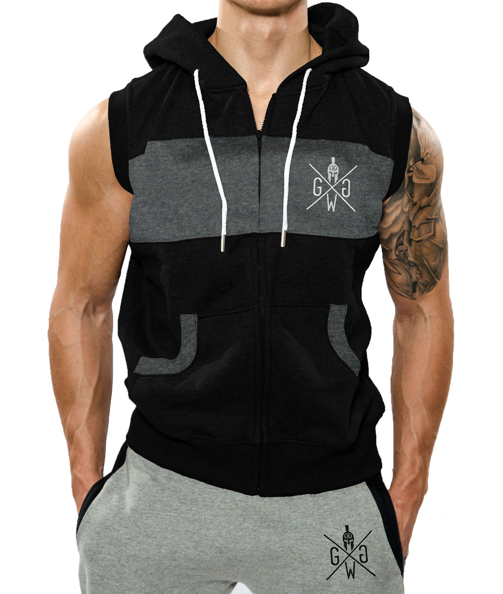 Ärmelloser Gym Generation Hoodie in Schwarz und Grau mit Gym Warriors Logo, perfekt für Workouts und Freizeit.